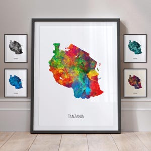 Póster con impresión artística de acuarela de Tanzania, mapa MX (10953)