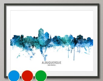 Albuquerque Skyline New Mexico, Cityscape Art Poster Print Blue Red Green (20609)