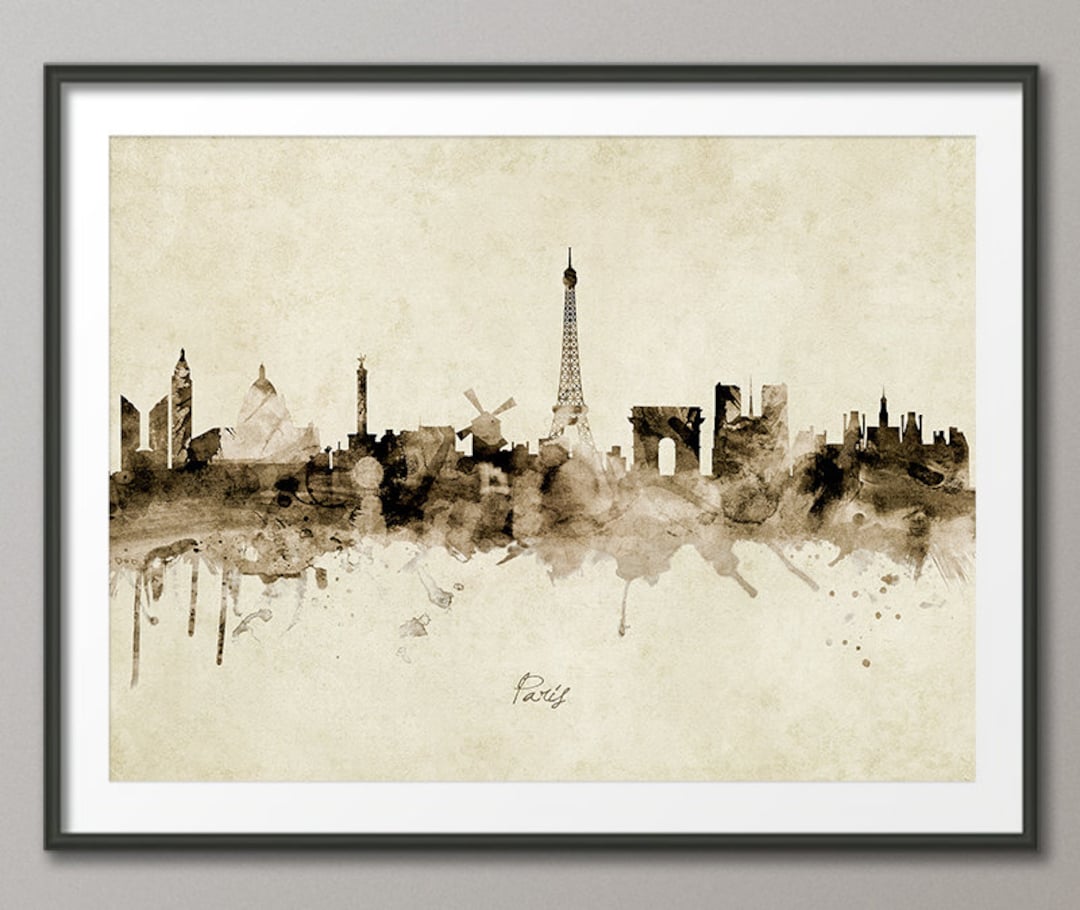 Paris Skyline France, Cityscape Art Print Poster Vintage Sepia