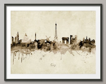 Paris Skyline France, Cityscape Art Print Poster Vintage Sepia (8978)