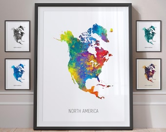 North America Map, Watercolour Painting Art Print Poster, Portrait - MX (10981)