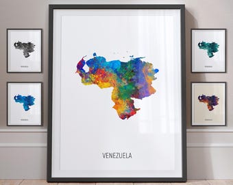 Venezuela Map, Watercolour Painting Art Print Poster, Portrait - MX (10970)