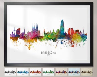 Barcelona Skyline Spain, Cityscape Painting Art Print Poster CX (6485)