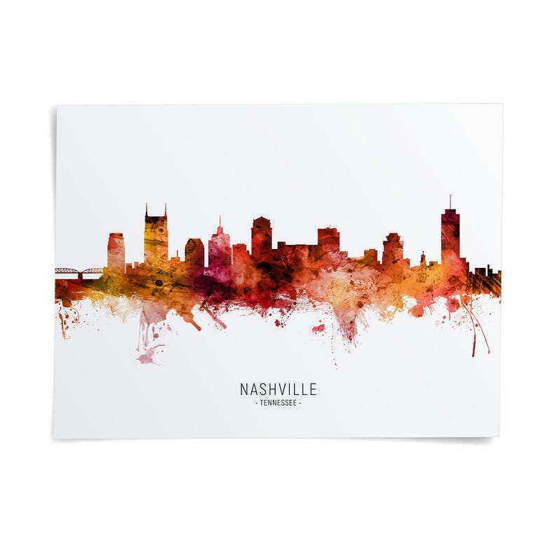 A watercolor-style illustration of the Nashville skyline, with the city's distinctive buildings and landmarks depicted in a vibrant, colorful palette.