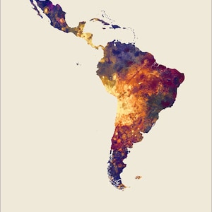 Latin America Map, Watercolour Art Print Poster, Colour, Black White, Beige 10980 Beige Background