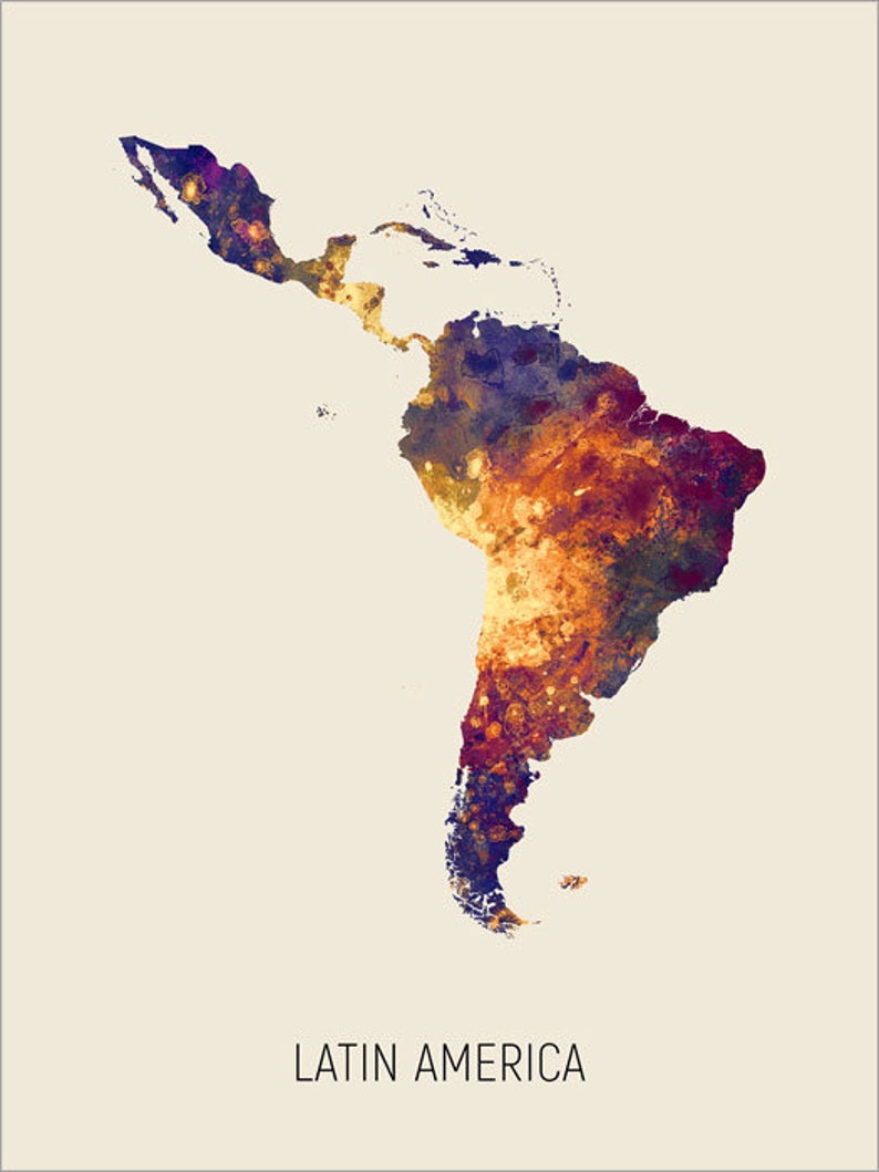 Latin America Map, Watercolour Art Print Poster, Colour, Black White, Beige 10980 Beige Background