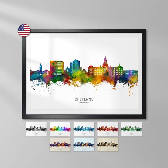 ２セット Cheyenne Skyline Wyoming, Cityscape Painting Art Print Poster YX