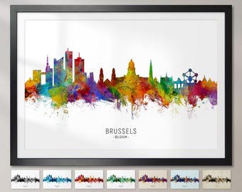 Ligne d'horizon de Bruxelles, Belgique, affiche d'impression d'art peinture paysage urbain CX (6491)