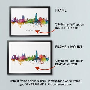 two framed cityscape artworks, each with different frame options and color schemes. The first frame has a black frame, while the second frame has a white frame. The text in the image provides information about the frame options and suggests that the frame color can be changed to a white frame.