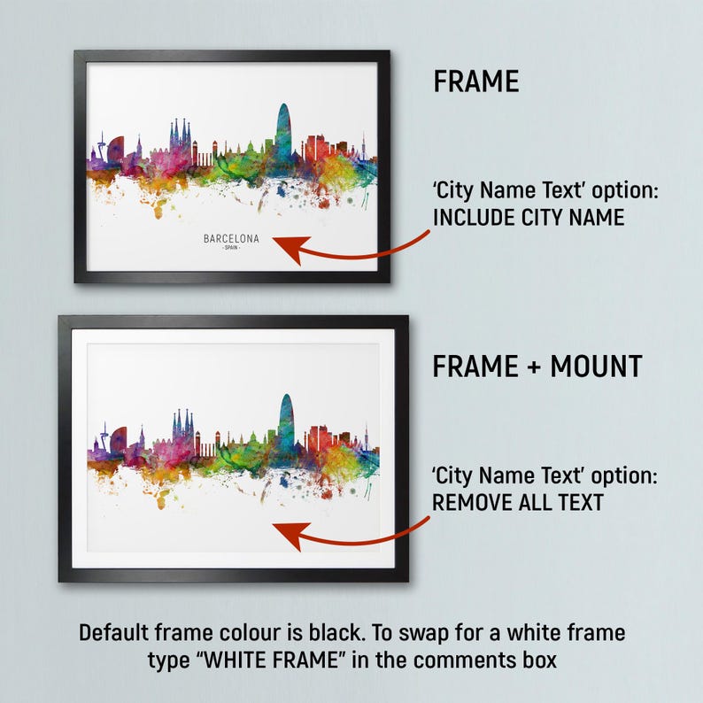 two framed cityscape artworks, each with different frame options and color schemes. The first frame has a black frame, while the second frame has a white frame. The text in the image provides information about the frame options and suggests that the frame color can be changed to a white frame.