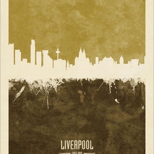 May include: A watercolor-style illustration of the Liverpool skyline in white against a brown and gold background. The text "LIVERPOOL" and "ENGLAND" is below the skyline.