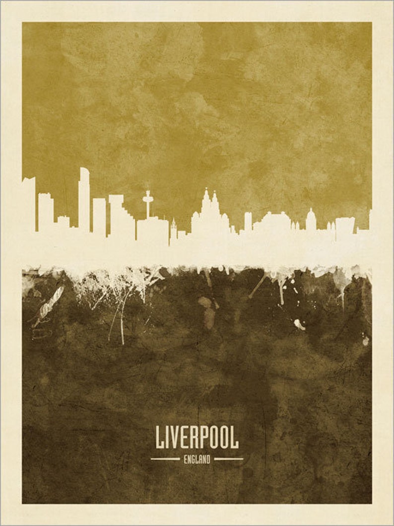 May include: A watercolor-style illustration of the Liverpool skyline in white against a brown and gold background. The text "LIVERPOOL" and "ENGLAND" is below the skyline.