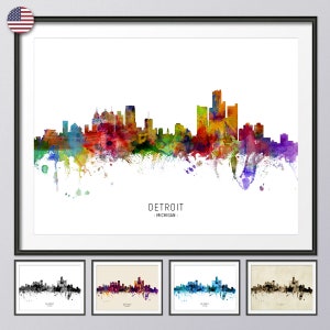 Detroit Skyline Michigan, Cityscape Painting Art Print Poster YX (6569)