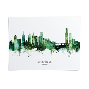 the skyline of Melbourne, Australia, with a watercolor-style rendering of the city's tall buildings and landmarks.