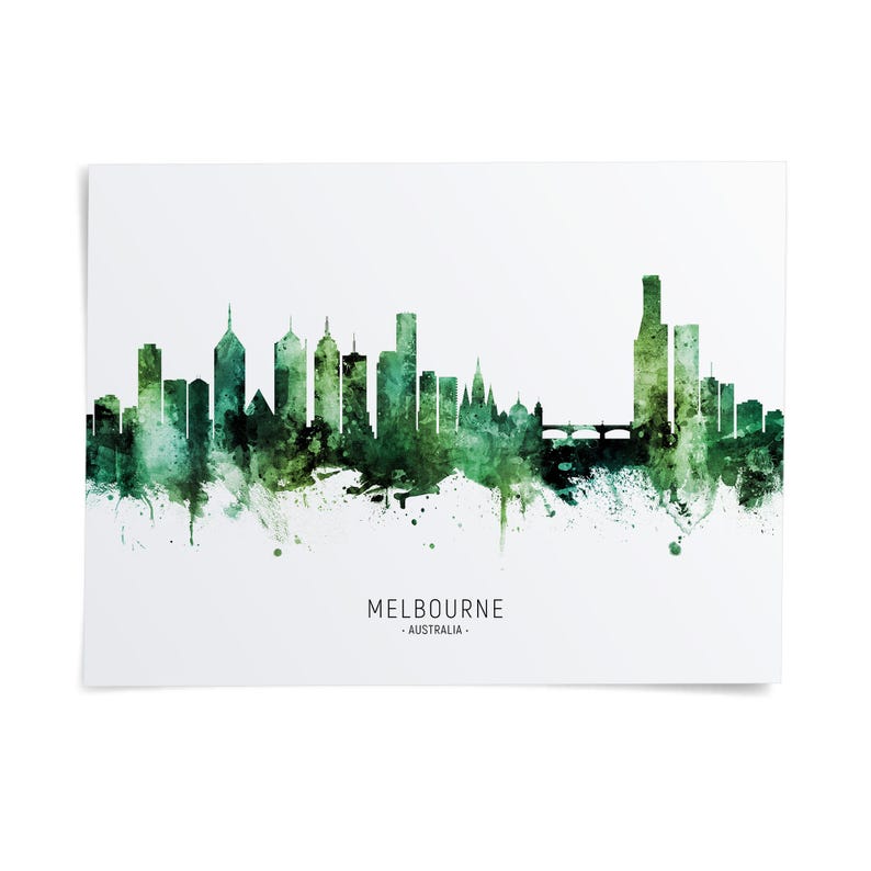 the skyline of Melbourne, Australia, with a watercolor-style rendering of the city's tall buildings and landmarks.