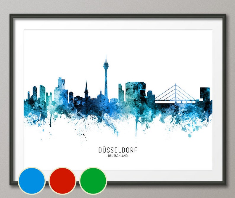 Düsseldorf Skyline Deutschland, Cityscape Art Poster Print Blue Red Green 20692 image 1