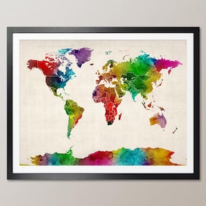 Carte aquarelle de la carte du monde, impression d'art WM (687)