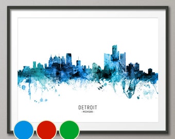 Detroit Skyline Michigan, Cityscape Art Poster Print Blue Red Green (20575)