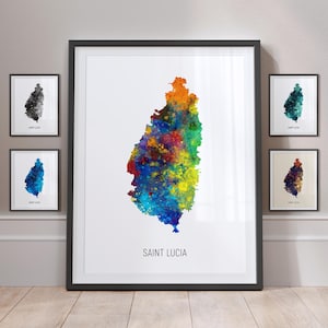 Saint Lucia Map, Watercolour Painting Art Print Poster MX (10923)