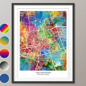 Carte de Leeuwarden, carte de la ville des Pays-Bas, affiche d'impression d'art à l'aquarelle (31251)