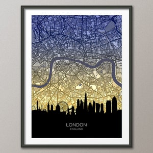 London England Skyline Map, Cityscape Art Print Poster (32263)