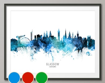 Glasgow Skyline Scotland, Cityscape Art Poster Print Blue Red Green (20874)