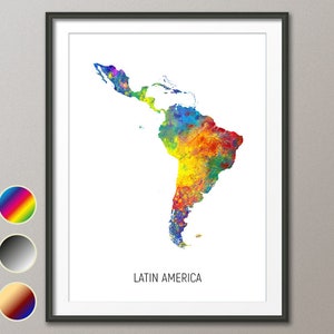 Latin America Map, Watercolour Art Print Poster, Colour, Black White, Beige 10980 image 1