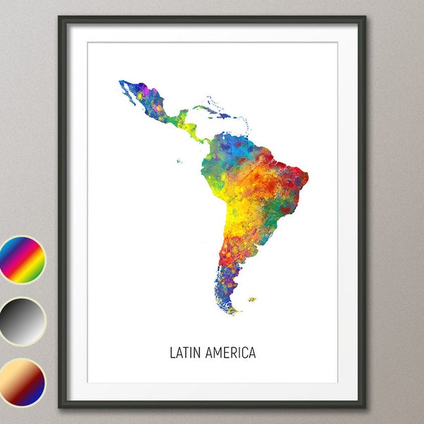Latin America Map, Watercolour Art Print Poster, Colour, Black White, Beige 10980