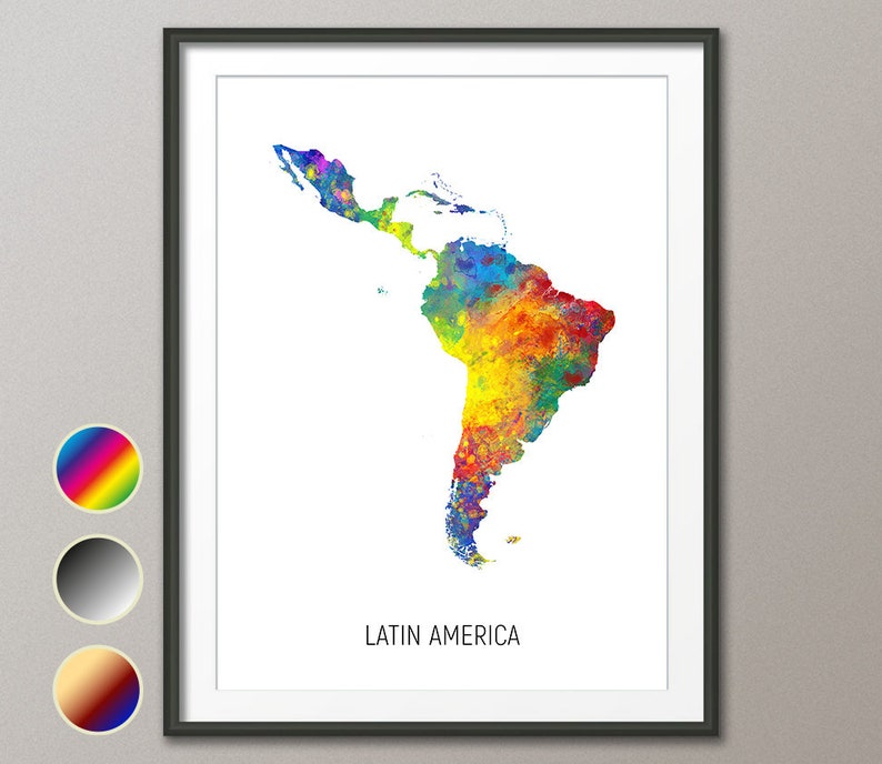 Latin America Map, Watercolour Art Print Poster, Colour, Black White, Beige 10980 image 1