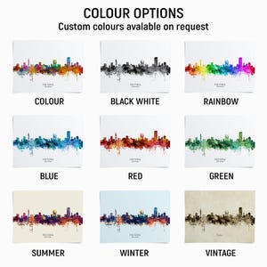 a collection of nine different color options for a cityscape, each with a unique color scheme. The options include "COLOUR", "BLACK WHITE", "RAINBOW", "BLUE", "RED", "GREEN", "SUMMER", "WINTER", and "VINTAGE".