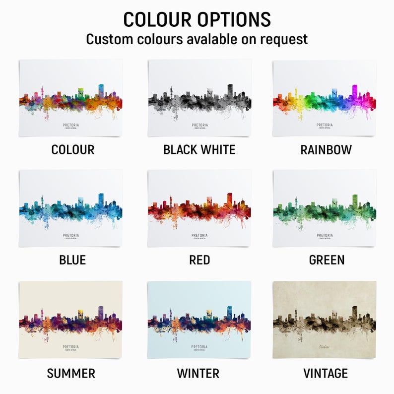 a collection of nine different color options for a cityscape, each with a unique color scheme. The options include "COLOUR", "BLACK WHITE", "RAINBOW", "BLUE", "RED", "GREEN", "SUMMER", "WINTER", and "VINTAGE".
