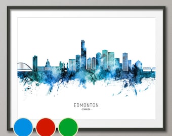 Edmonton Skyline Canada, Cityscape Art Poster Print Blue Red Green (27006)