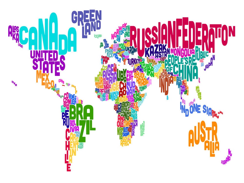 Typographic Text Map of the World Map Art Print 891 - Etsy UK