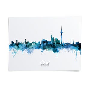 the skyline of Berlin, Germany, with the city's iconic landmarks and buildings rendered in a watercolor style.