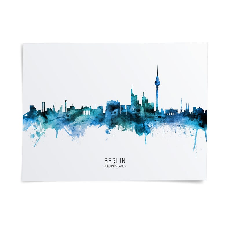the skyline of Berlin, Germany, with the city's iconic landmarks and buildings rendered in a watercolor style.