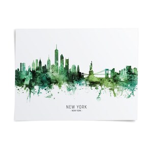 A watercolor painting of the New York City skyline, featuring the iconic Statue of Liberty and other prominent buildings, rendered in a green color scheme.