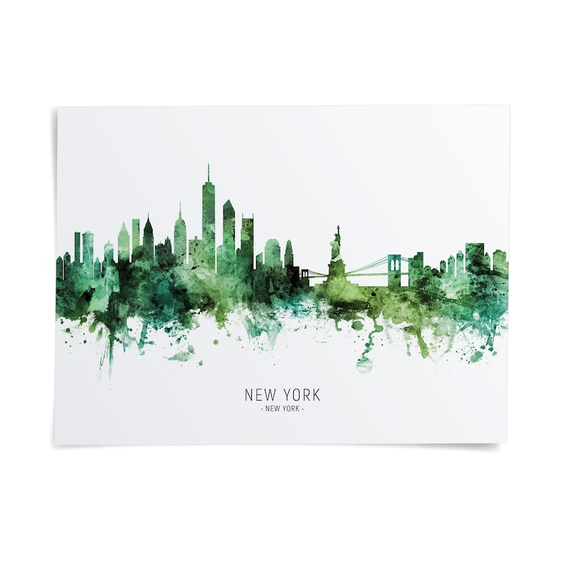 A watercolor painting of the New York City skyline, featuring the iconic Statue of Liberty and other prominent buildings, rendered in a green color scheme.