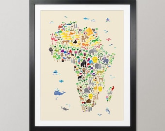 Children's Animal Map of Africa, Cartoon Safari Wildlife Art Print Poster (264)