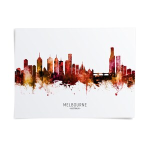 the skyline of Melbourne, Australia, with a colorful and artistic representation of the city's buildings and landmarks.