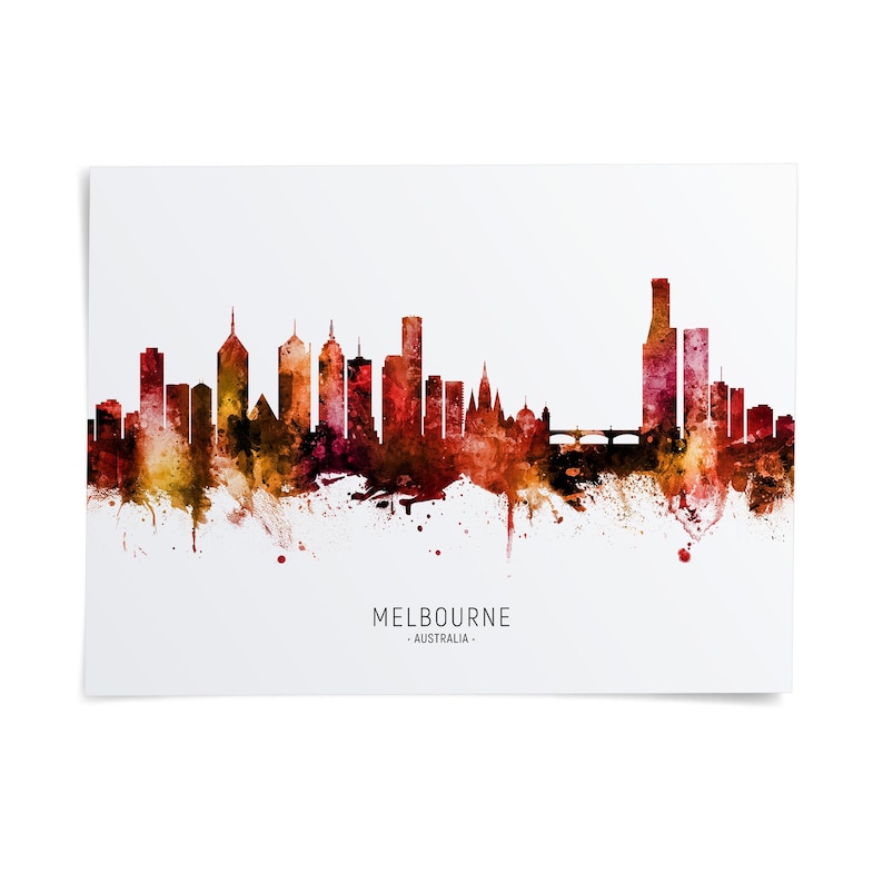 the skyline of Melbourne, Australia, with a colorful and artistic representation of the city's buildings and landmarks.