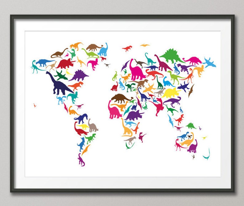 Dinosaur Map of the World Map, Art Print 777 image 1