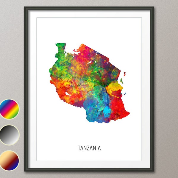 Tanzania Map, Watercolour Art Print Poster, Colour, Black White, Beige 10953