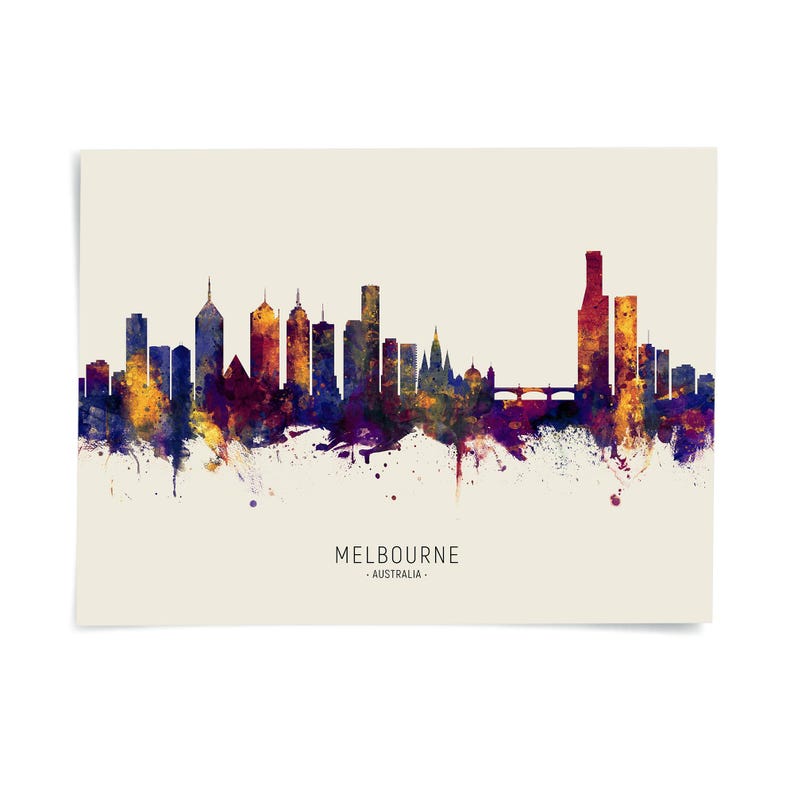 the skyline of Melbourne, Australia, with a colorful and artistic representation of the city's architectural features.