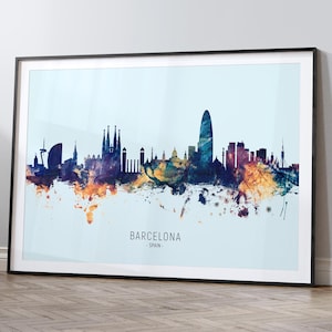 Barcelona Skyline Spain, Cityscape Painting Art Print Poster HX (11996)