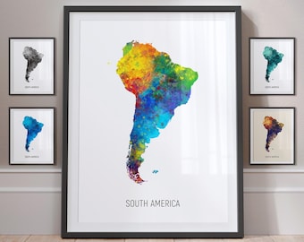 South America Map, Watercolour Painting Art Print Poster, Portrait - MX (10982)