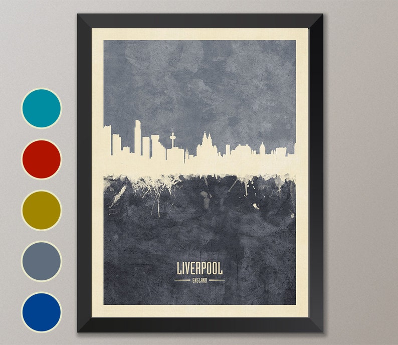 May include: A blue and white cityscape silhouette of Liverpool, England. The skyline is set against a textured blue background with white paint splatters.