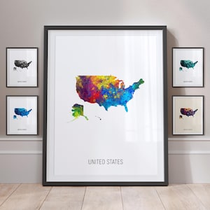 Carte des États-Unis, aquarelle, impression d'art, affiche MX (10966)