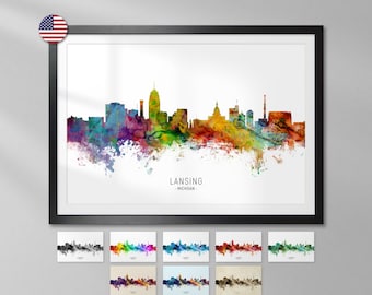 Lansing Skyline Michigan, Cityscape Art Print Poster YX (6726)