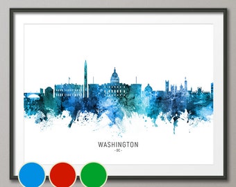 Washington Skyline DC, Cityscape Art Poster Print Blue Red Green (20880)
