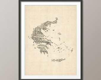 Greece Map, Old Sheet Music Map of Greece, Art Print QX (1794)